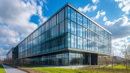 Modern glass office building on sunny day.