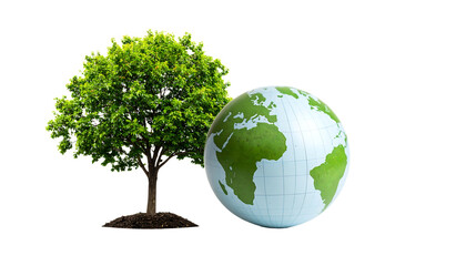 Green leaves globe and tree representing environmental awareness and sustainability

