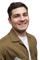 Smiling young man in casual attire displaying warmth and friendliness in a bright, minimalistic...