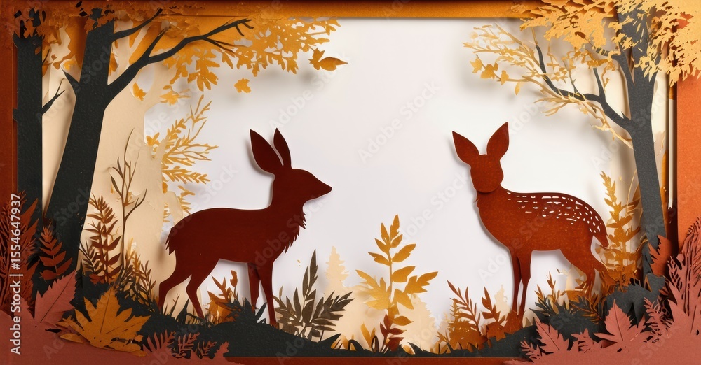 Aufkleber paper art depicts deer within forest setting. autumn colors dominate scene, creating layered effect.