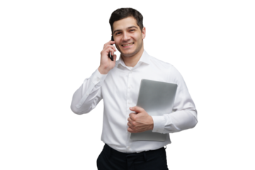 Business professional engages in a phone conversation while holding a laptop, showcasing modern work culture and communication skills