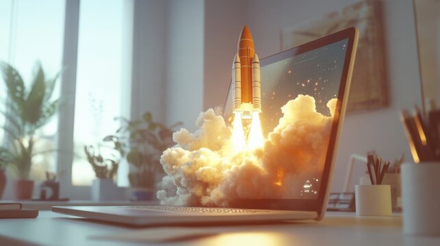 Rocket Launch over Laptop Screen, Digital Startup Success and Innovation