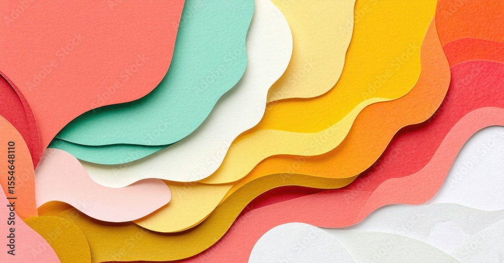 Aufkleber Colorful paper layers create wavy abstract background. Soft hues blend, forming dynamic visual texture. Simple, modern design.