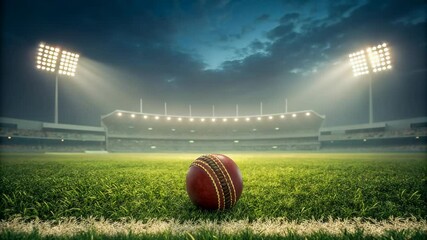 An intense cricket ball resting on vibrant green field under stadium lights awaits next play. - Powered by Adobe