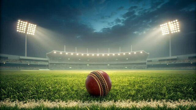 An intense cricket ball resting on vibrant green field under stadium lights awaits next play. - Powered by Adobe