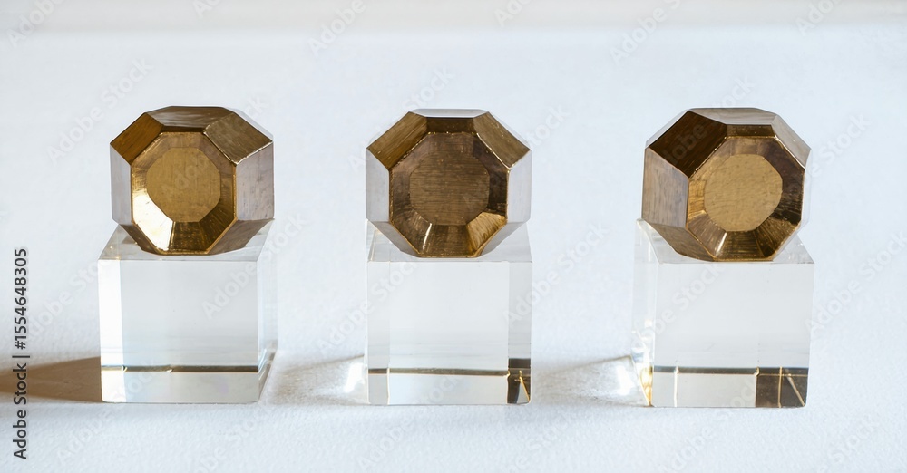Poster golden faceted objects atop clear acrylic blocks. minimalist presentation, studio lighting, simple c