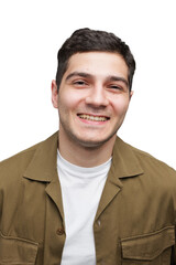 Joyful young man smiling brightly against a clean white backdrop showcasing a moment of happiness...