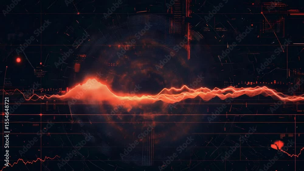 Aufkleber Orange seismic waves are spreading across a dark digital interface, simulating the propagation of energy from the epicenter of an earthquake