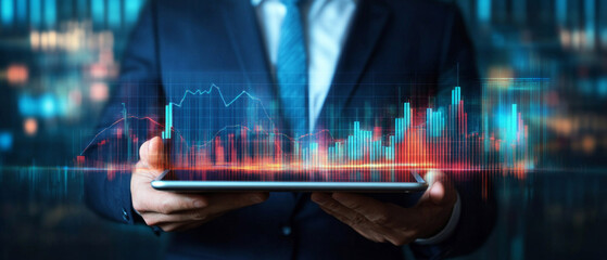 Man in suit with tablet and charts on city background. Ideal for financial and business themes.