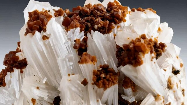 Close-up of white barite crystal cluster with small brown, cubic vanadinite crystals covering matrix mineral formation, rough gem stone specimen