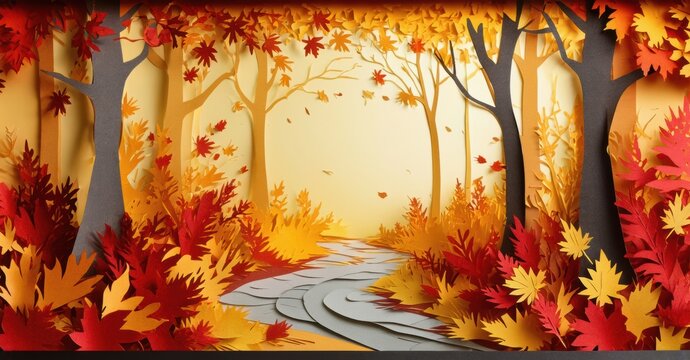 Papercraft forest scene. Autumn colors dominate, path winds through trees. Warm light filters, creating cozy atmosphere. Leaves fall gently.