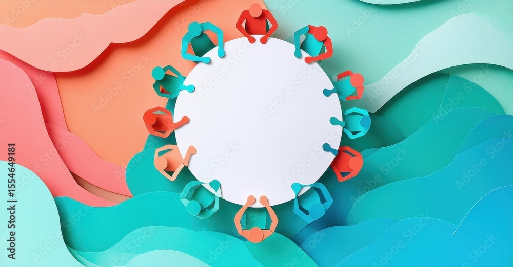 Poster paper cut figures surround blank circle. soft colors create wavy background. teamwork concept, unity