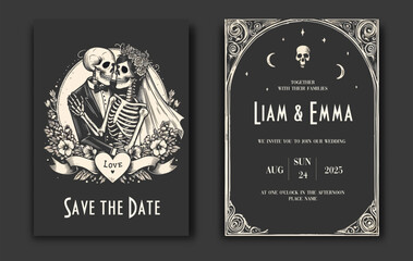 Wedding invitation with skeleton lovers. Save the date. Wedding illustration. Vector Illustration with Skulls of Bride and Groom.