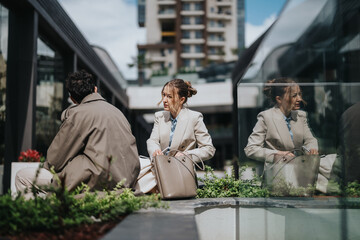 A scene depicting two individuals seated and engaged in discussion with their reflections visible...