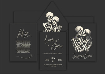 Wedding invitation with skeleton lovers. Save the date. Wedding illustration. Vector Illustration with Skulls of Bride and Groom.
