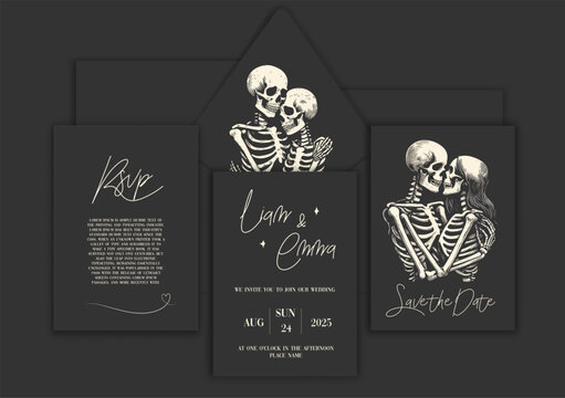 Wedding invitation with skeleton lovers. Save the date. Wedding illustration. Vector Illustration with Skulls of Bride and Groom.