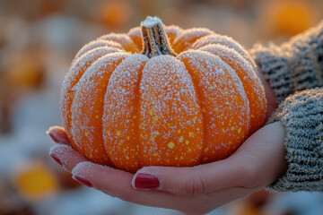 Close-up of hands holding an orange pumpkin covered in frost, against the backdrop of the sunset light on autumn fields
