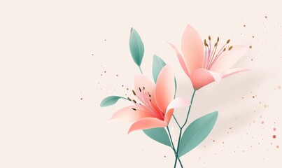Obraz premium A soft, muted background provides a serene setting for elegant pink lilies to bloom, showcasing their delicate petals in a stunning botanical illustration with artistic flair