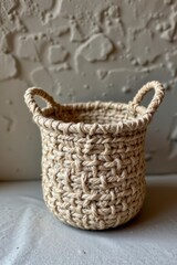 Small Beige Woven Basket with Handles