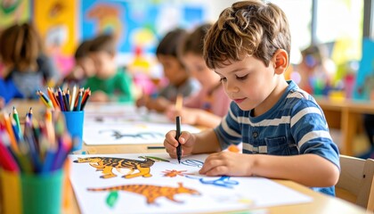 Young boy focused on coloring a tiger drawing in a vibrant classroom filled with children