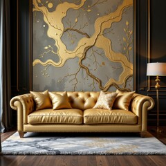 Gold Leather Sofa in Luxurious Living Room with Gray and Gold Wall Art