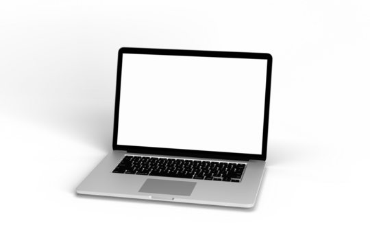 Modern silver laptop with blank white screen and keyboard open isolated on transparent background