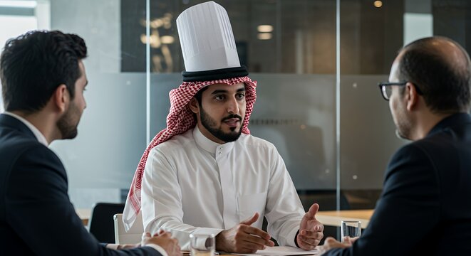 Arabian businessman in chef's hat leads a serious business meeting.