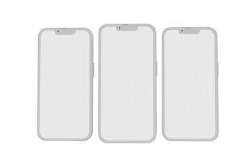 Three modern smartphones with blank white screens arranged side by side in a row isolated on transparent background