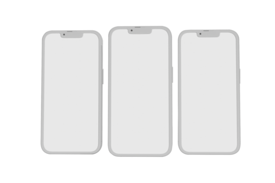 Three modern smartphones with blank white screens arranged side by side in a row isolated on transparent background