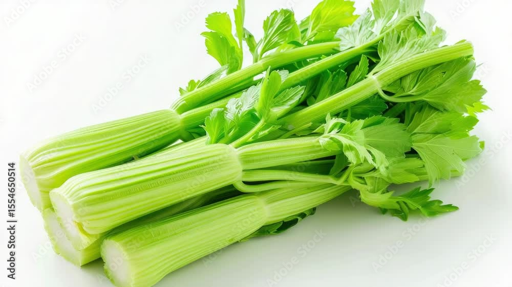Poster fresh celery arranged on a clean white surface