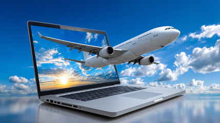 Airplane Flying Out Of Laptop Screen Against Cloudy Sky Represents Travel Booking And Online Flight Reservation Concept