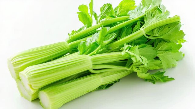 Fresh celery arranged on a clean white surface