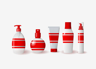 Set of realistic cosmetic bottles. Dispensers with cover, sprayer container, tube. 