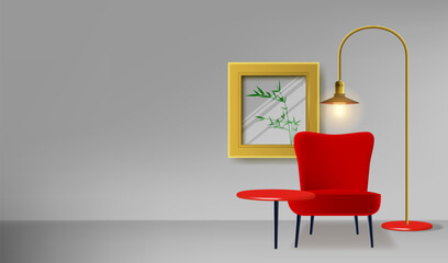 Room interior. Floor lamp, red armchair and painting on the wall