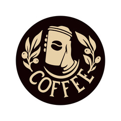 Obraz premium Coffee take away emblem. Hand hand holding a paper cup. Coffee shop logo label badge template. Vector vintage illustration.