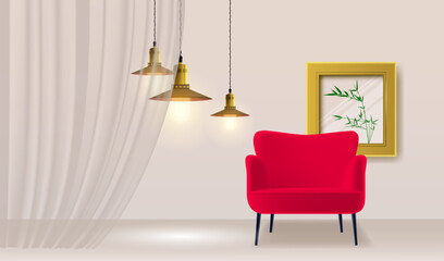 Room interior with transparent curtains