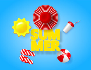 Summer vacation poster with 3d objects