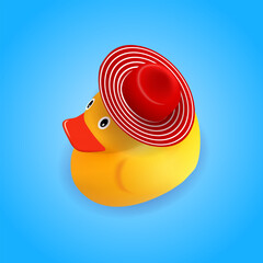 Yellow rubber duck in red striped hat