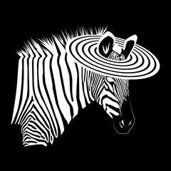 Negative image of a zebra wearing a striped hat