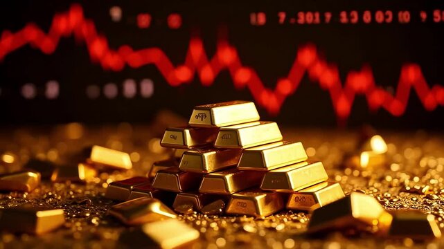 A stack of shiny gold bars displayed against a red graph on a dark background representing finance 4k video