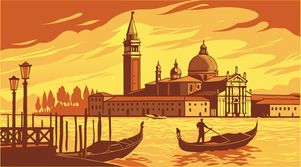 Naklejka premium Venice Grand Canal Sunset with Gondolas – Digital Painting Landscape