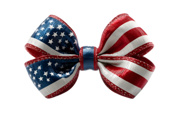 Patriotic ribbon bow tie, red white and blue color design with American flag star pattern. Cut-out, isolated on transparent background with clipping path.