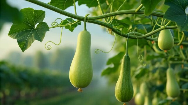 Serene view of bottle gourds growing on a vine, their natural beauty shining through on a farm