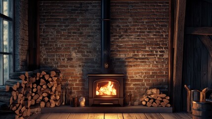 Rustic brick wall with wood burning stove, firewood, and window.