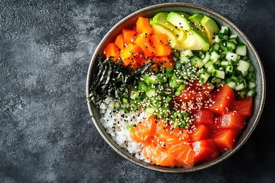 Top view of a colorful poke bowl with rice, fresh fish, and an assortment of toppings like avocado, seaweed, and sesame seeds