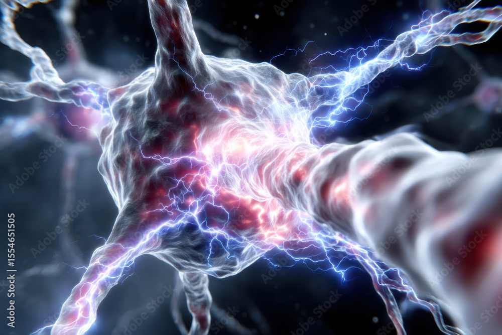 Poster exploring the intricate structure and function of a neuron transmitting electrical signals