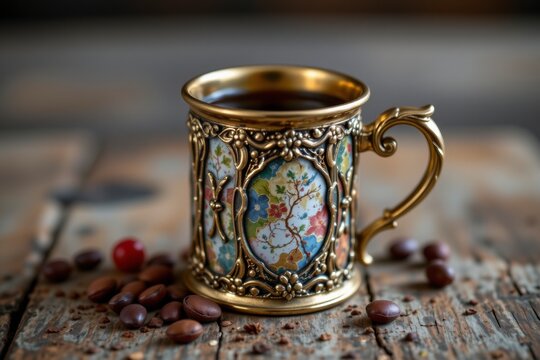 A vintage ceramic mug and an old clay cup of tea or coffee rest as traditional beverage objects on a rustic wooden table