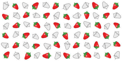 Naklejka premium Strawberry pattern with red and outlined berries on a white seamless background.