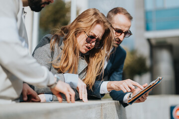 A group of businesspeople collaborating on a project using a tablet outdoors. Teamwork and...