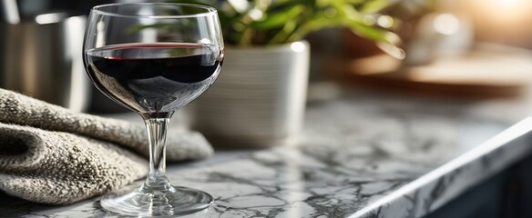 Glass of red wine on a marble countertop
